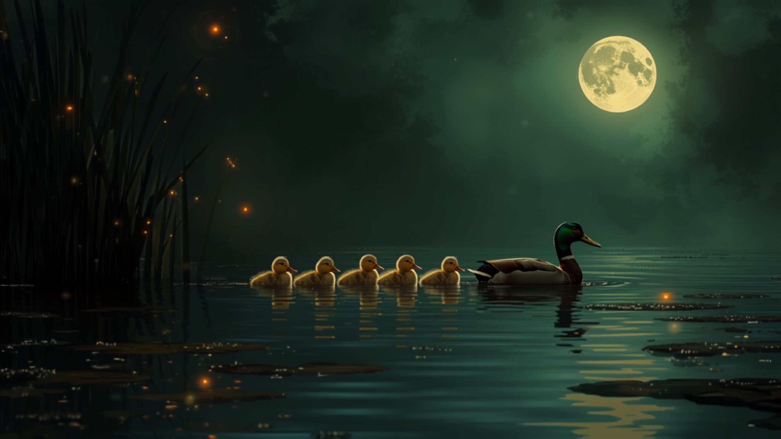 A mallard duck leading a row of golden ducklings across a moonlit pond